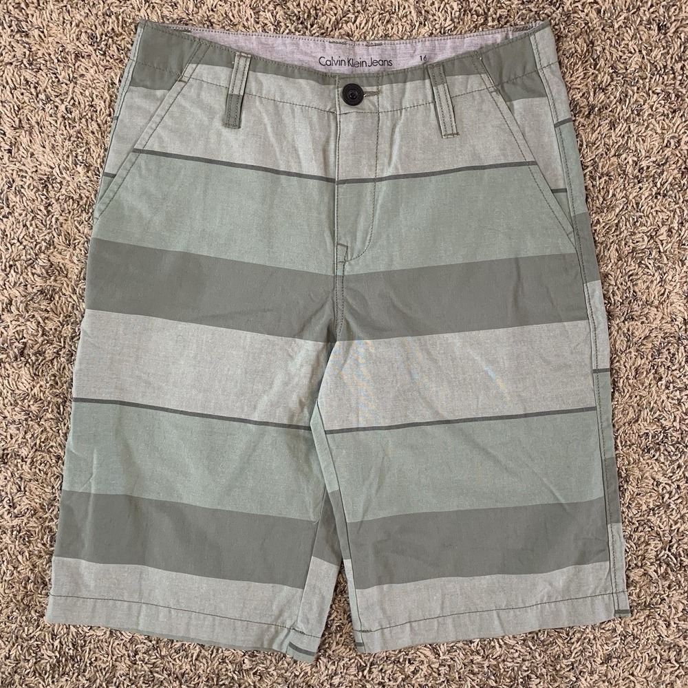 Calvin Klein Shorts Boys Youth 16 Green Striped Chino Casual
